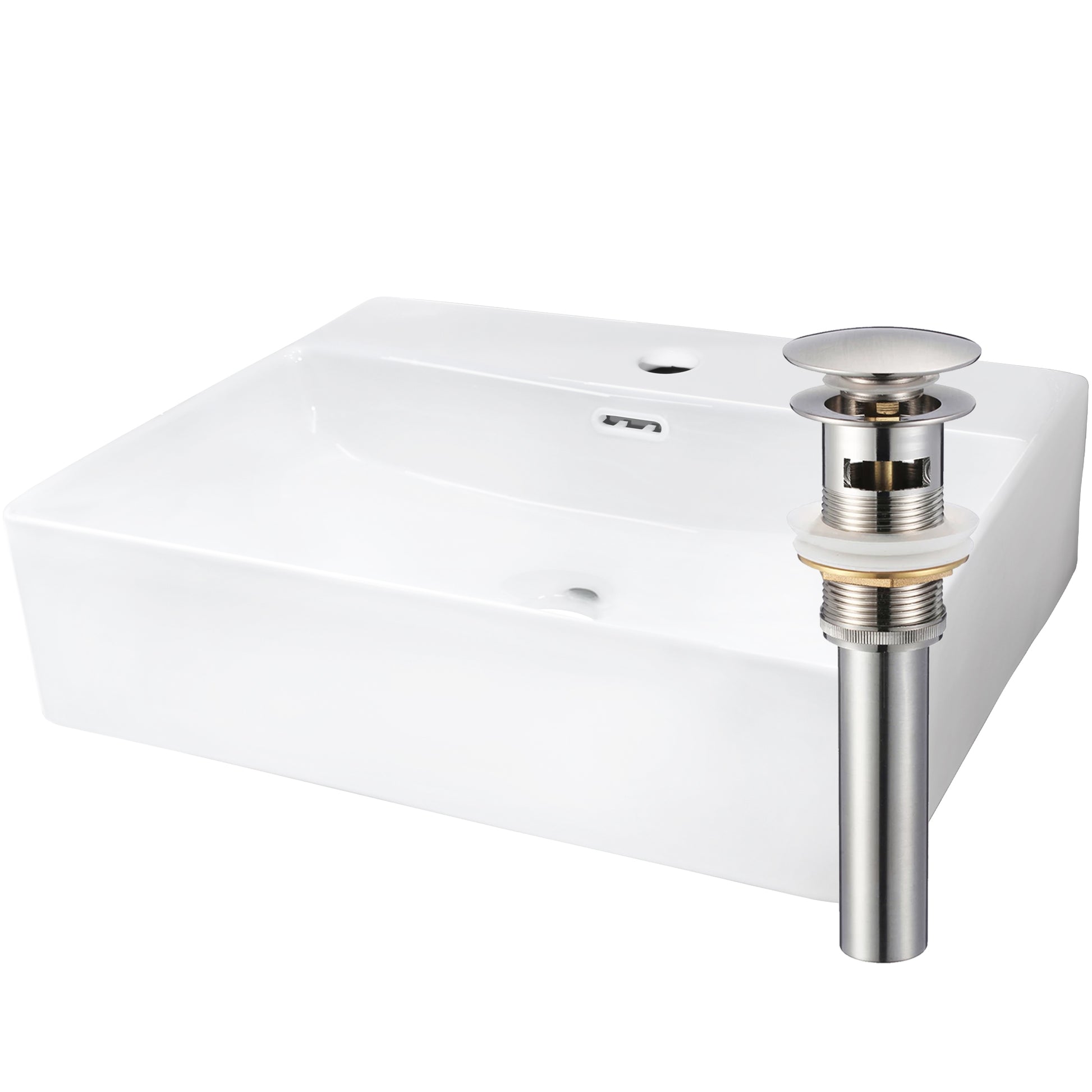 Rectangular white porcelain vessel sink with overflow and faucet hole, designed for modern bathroom vanity by Novatto.