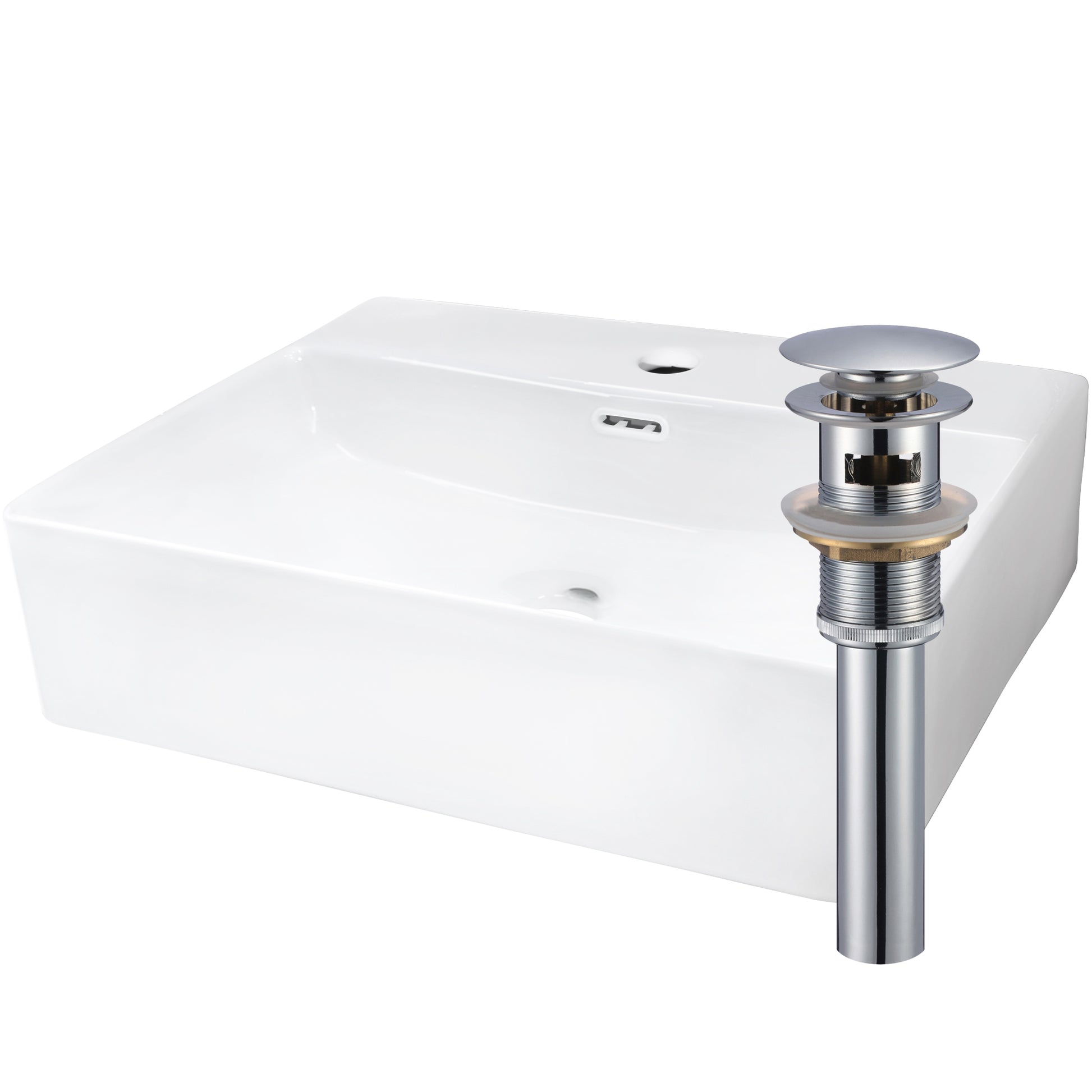 Rectangular white porcelain vessel sink with overflow and faucet hole, designed for bathroom use by Novatto.
