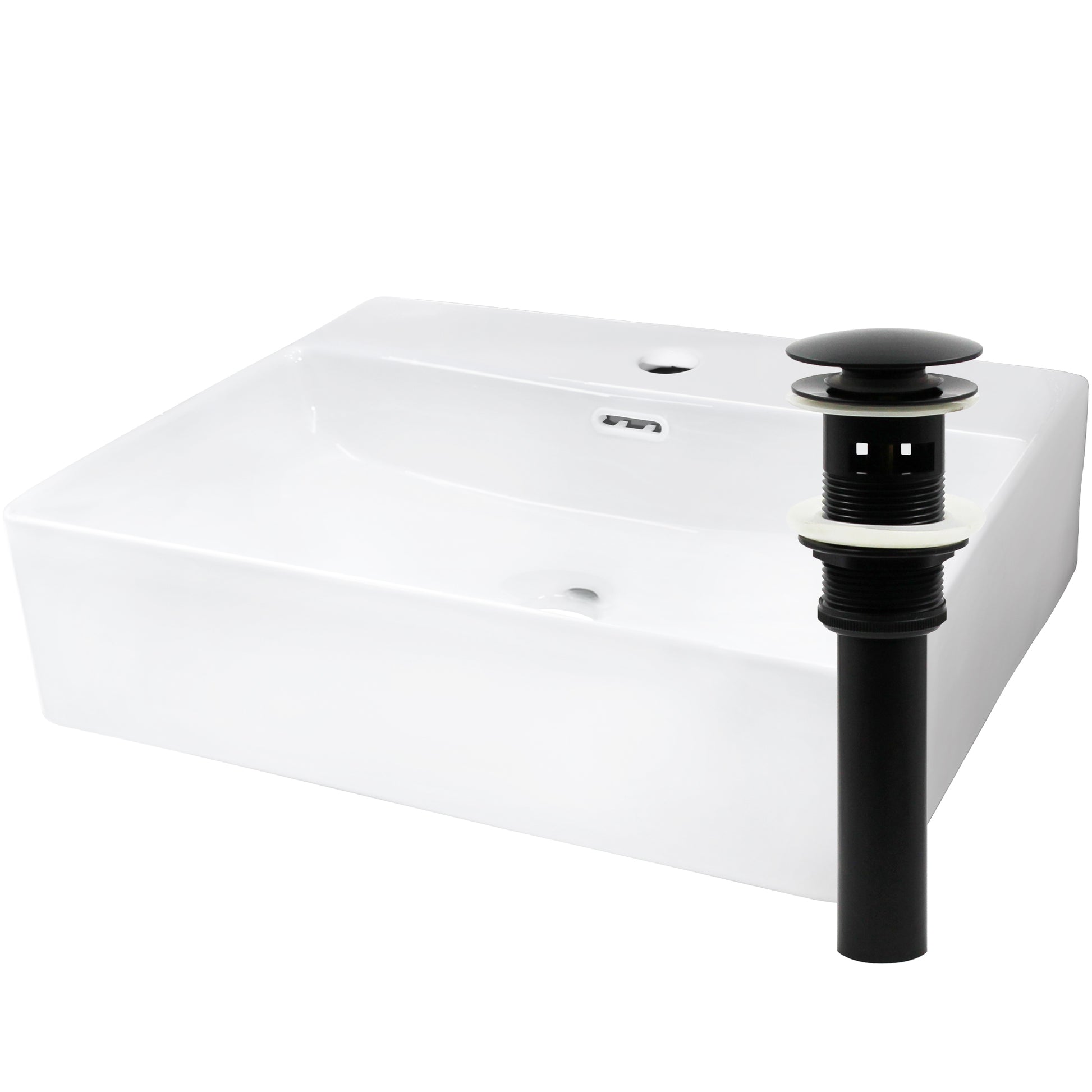 White porcelain rectangular vessel sink with overflow and faucet hole, designed for modern bathroom use by Novatto.