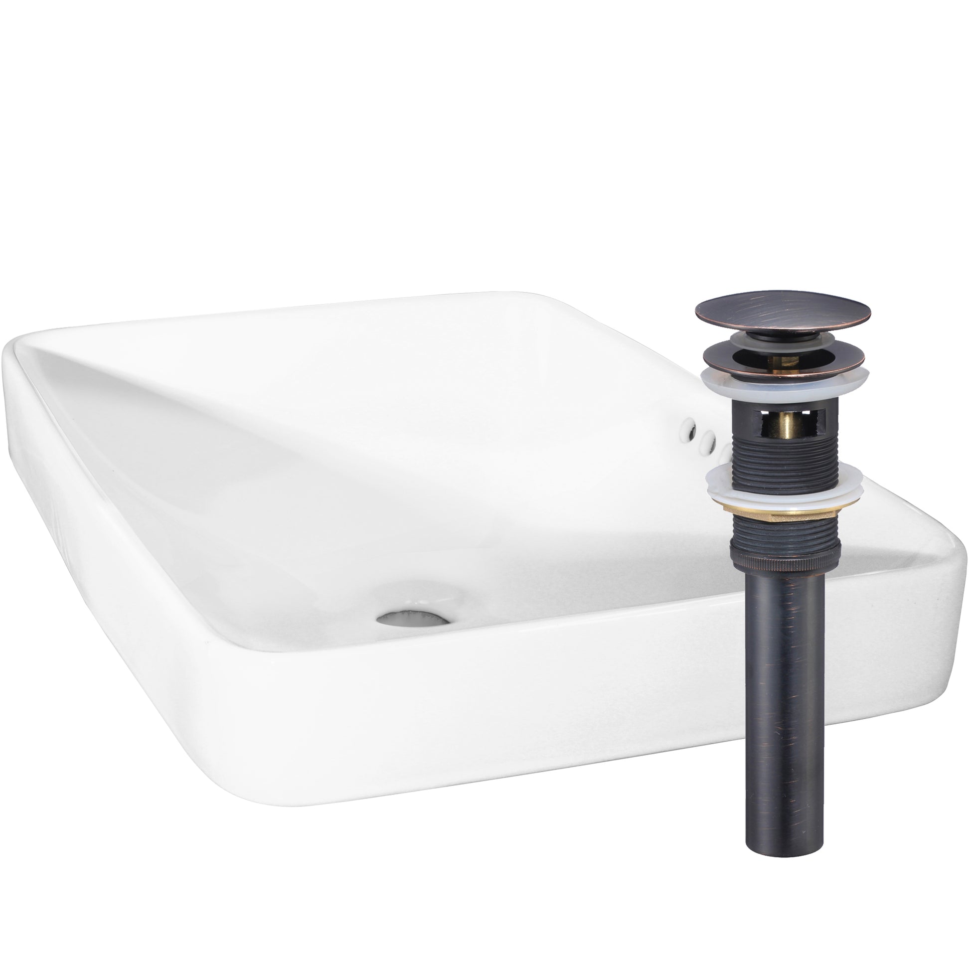White porcelain rectangular drop-in bathroom sink with overflow, modern contemporary design by Novatto, shown in image.