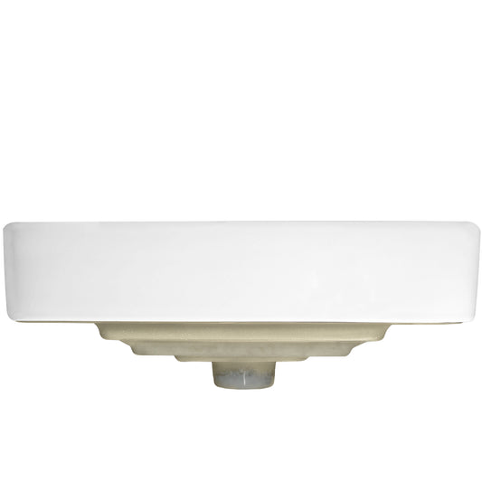 Side view of Novatto square white porcelain drop-in bathroom sink with overflow, modern contemporary design.