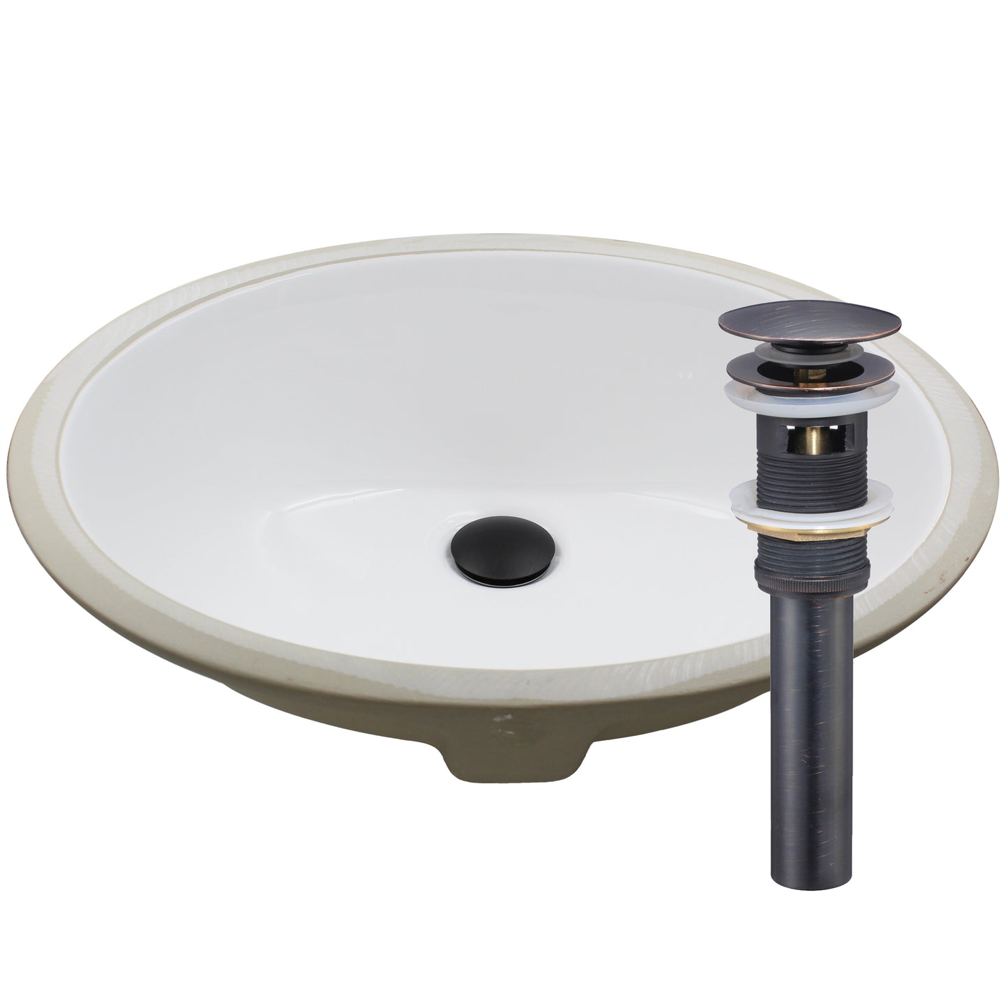 Oval Undermount White Porcelain Sink, pop-up drain WITH overflow oil rubbed bronze
