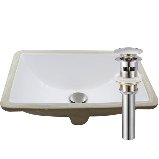 Rectangular Undermount White Porcelain Sink with Overflow, pop-up drain with overflow brushed nickel