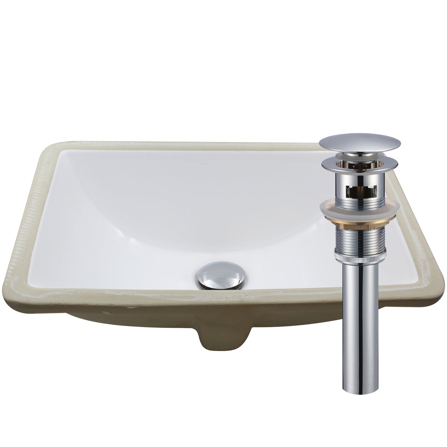 Rectangular Undermount White Porcelain Sink with Overflow, pop-up drain with overflow chrome