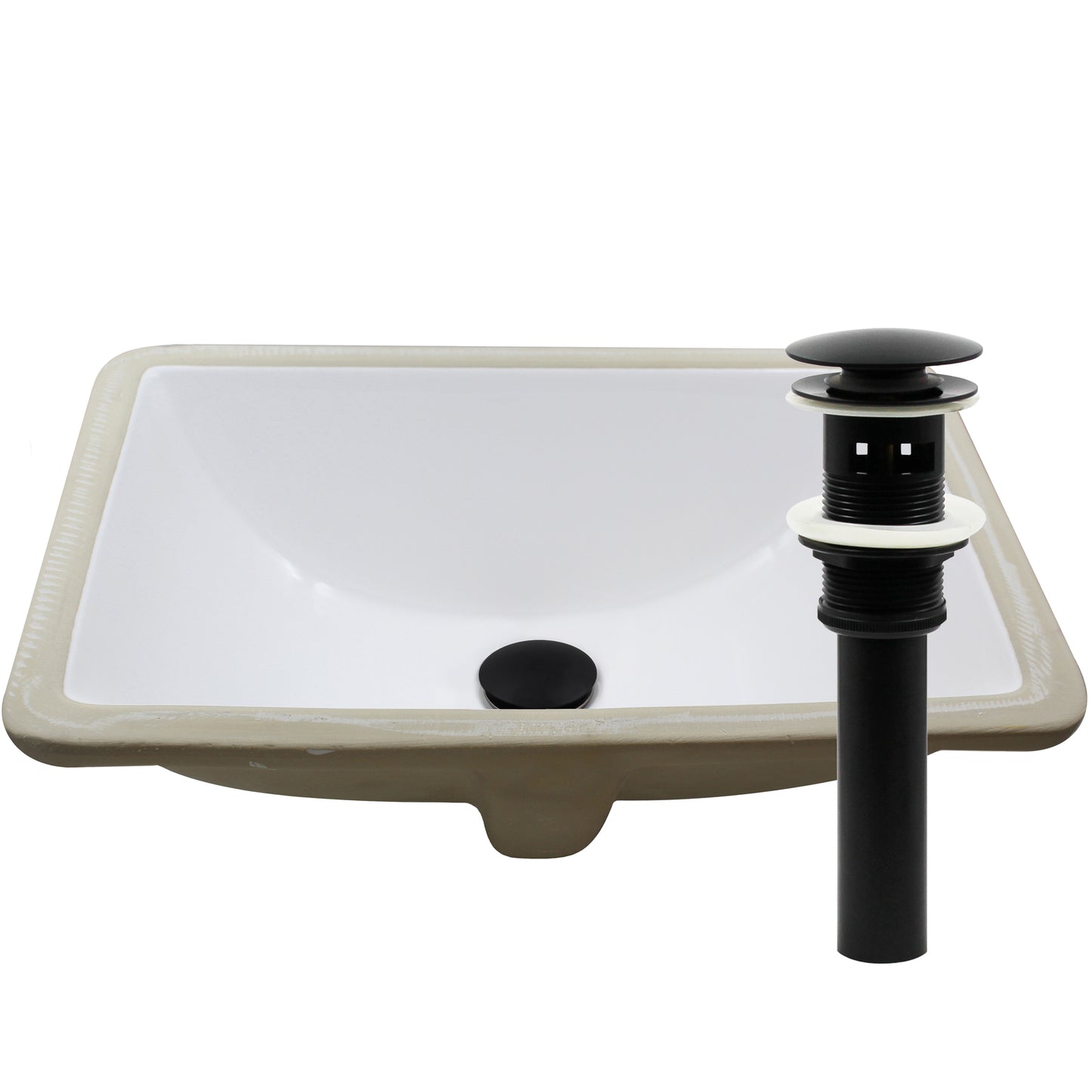 Rectangular Undermount White Porcelain Sink with Overflow, pop-up drain with overflow matte black