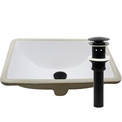 Rectangular Undermount White Porcelain Sink with Overflow, pop-up drain with overflow matte black