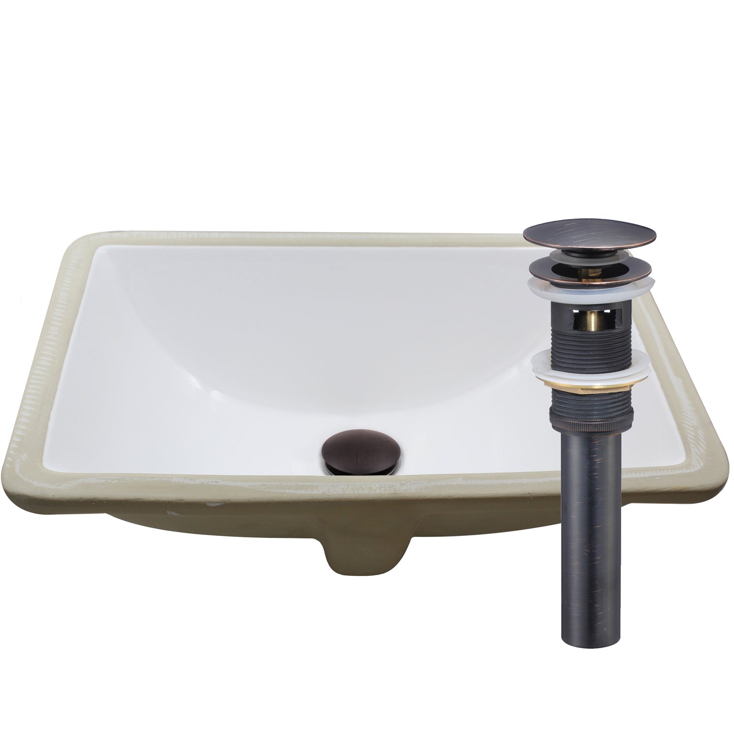 Rectangular Undermount White Porcelain Sink with Overflow, pop-up drain with overflow oil rubbed bronze