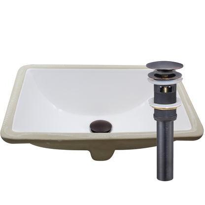 Rectangular Undermount White Porcelain Sink with Overflow, pop-up drain with overflow oil rubbed bronze