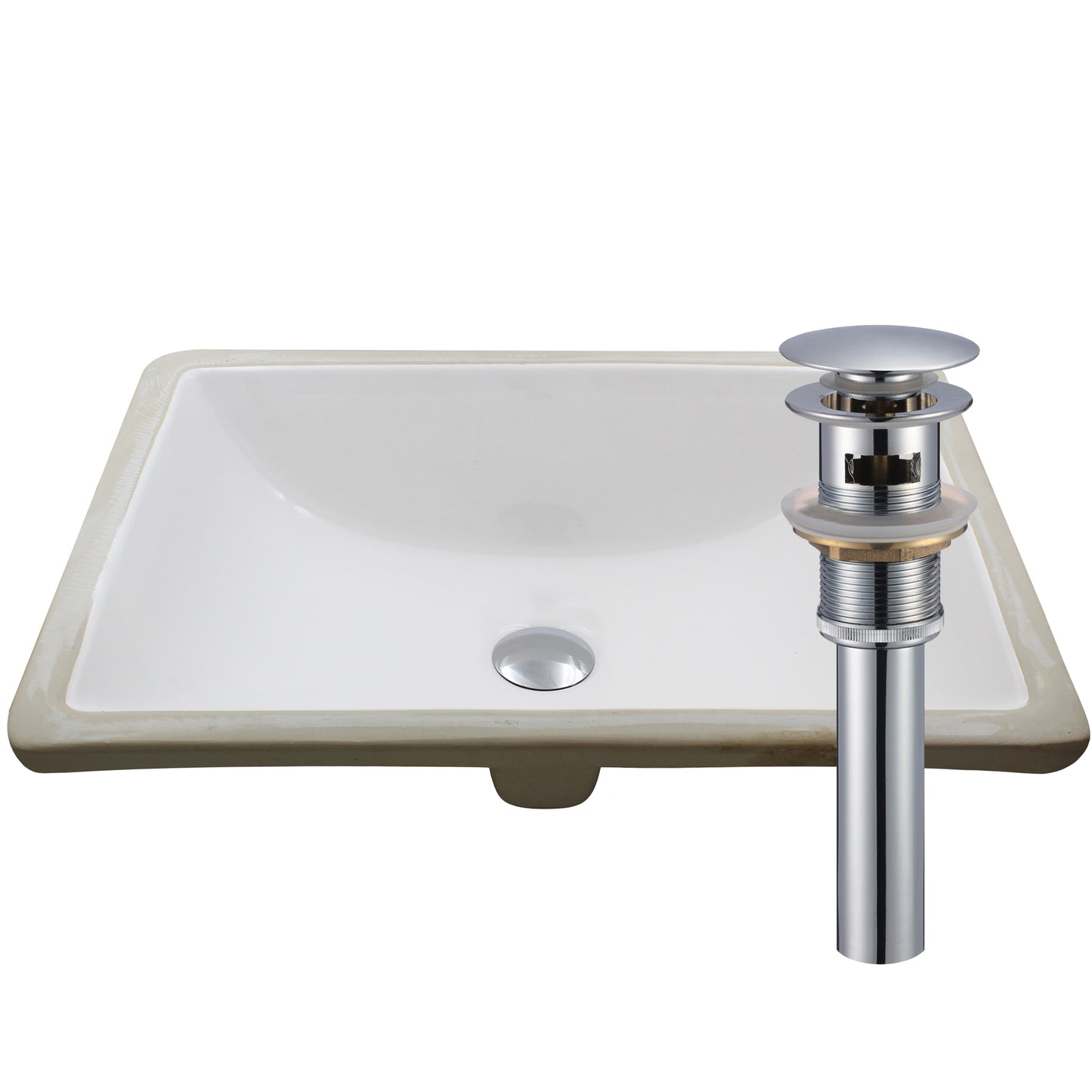 Rectangular Undermount White Porcelain Sink with Overflow, pop-up drain with overflow chrome