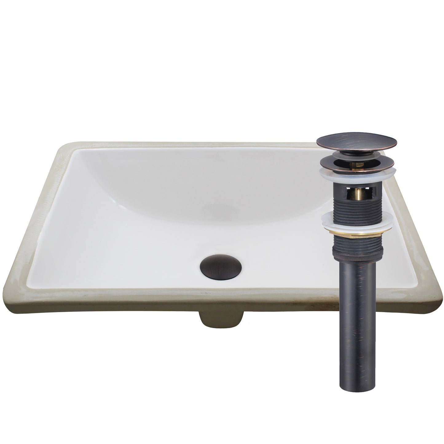 Rectangular Undermount White Porcelain Sink with Overflow, pop-up drain with overflow oil rubbed bronze