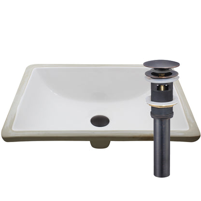 Rectangular Undermount White Porcelain Sink with Overflow, pop-up drain with overflow oil rubbed bronze