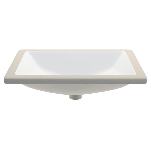 Back view of Novatto rectangular white porcelain vessel sink with overflow, undermount design, ideal for modern bathrooms.