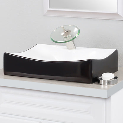 black and white bath sink with faucet and drain lifestyle