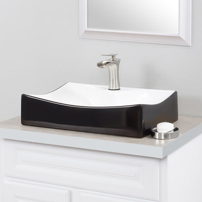 black and white bath sink with faucet and drain lifestyle