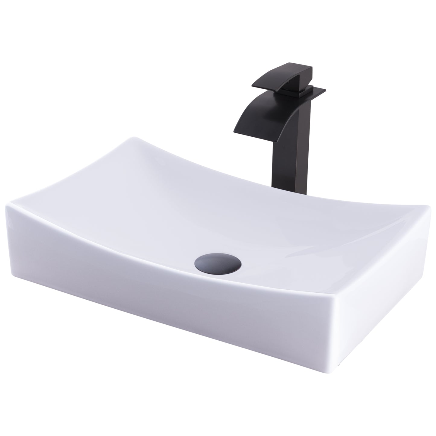 Rectangular porcelain vessel sink from Novatto with dark bronze finish, paired with Eclipse faucet, shown in a modern bathroom setting.