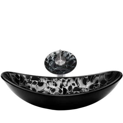 Black and Silver Oval Glass Vessel Sink Set