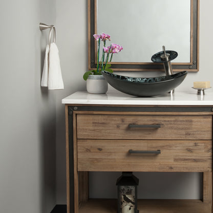 black and silver oval glass vessel sink lifestyle
