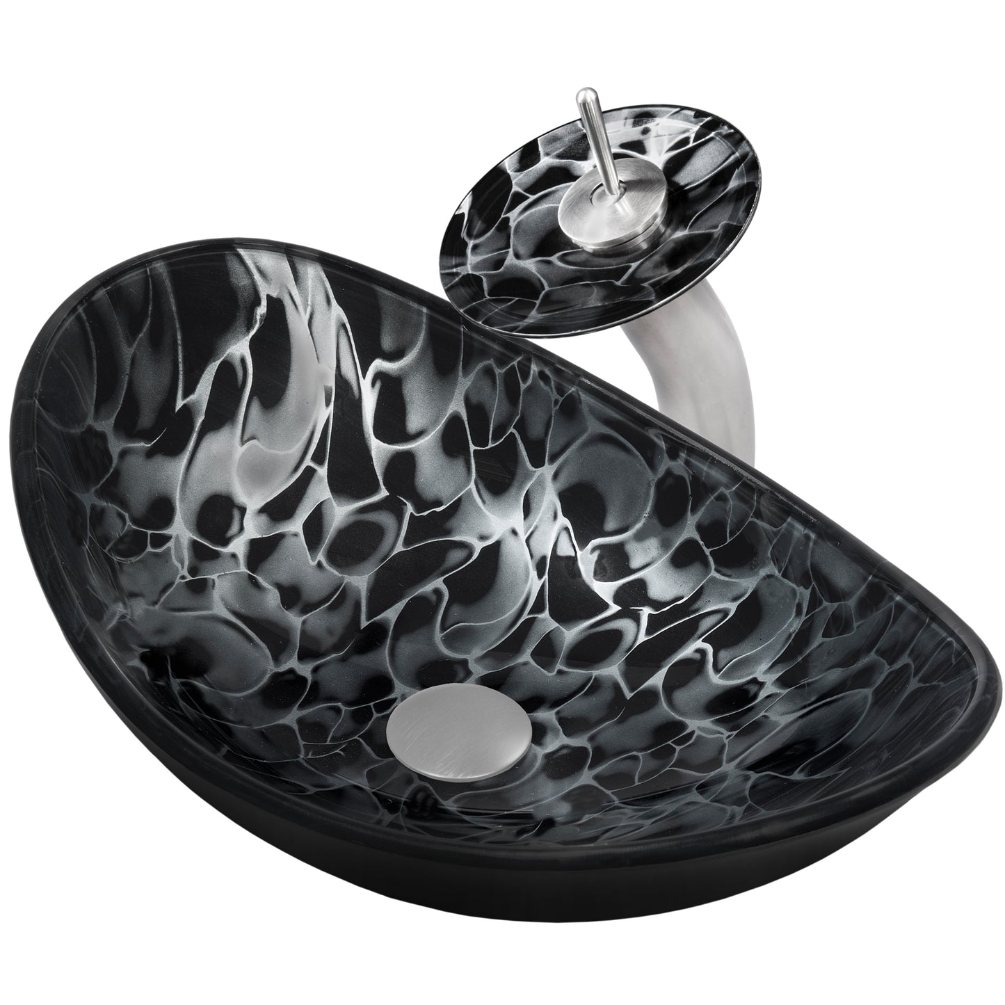 Black and Silver Oval Glass Vessel Sink Set
