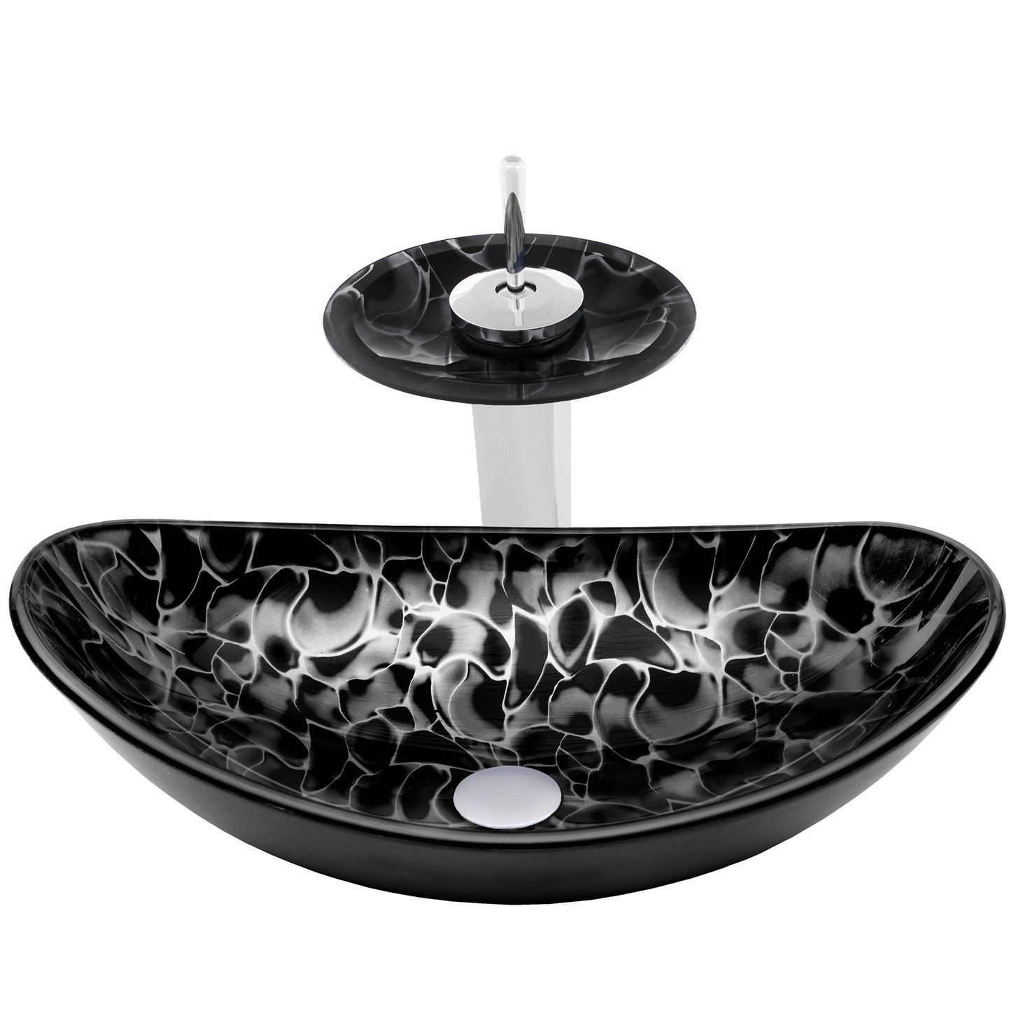 Black and Silver Oval Glass Vessel Sink Set