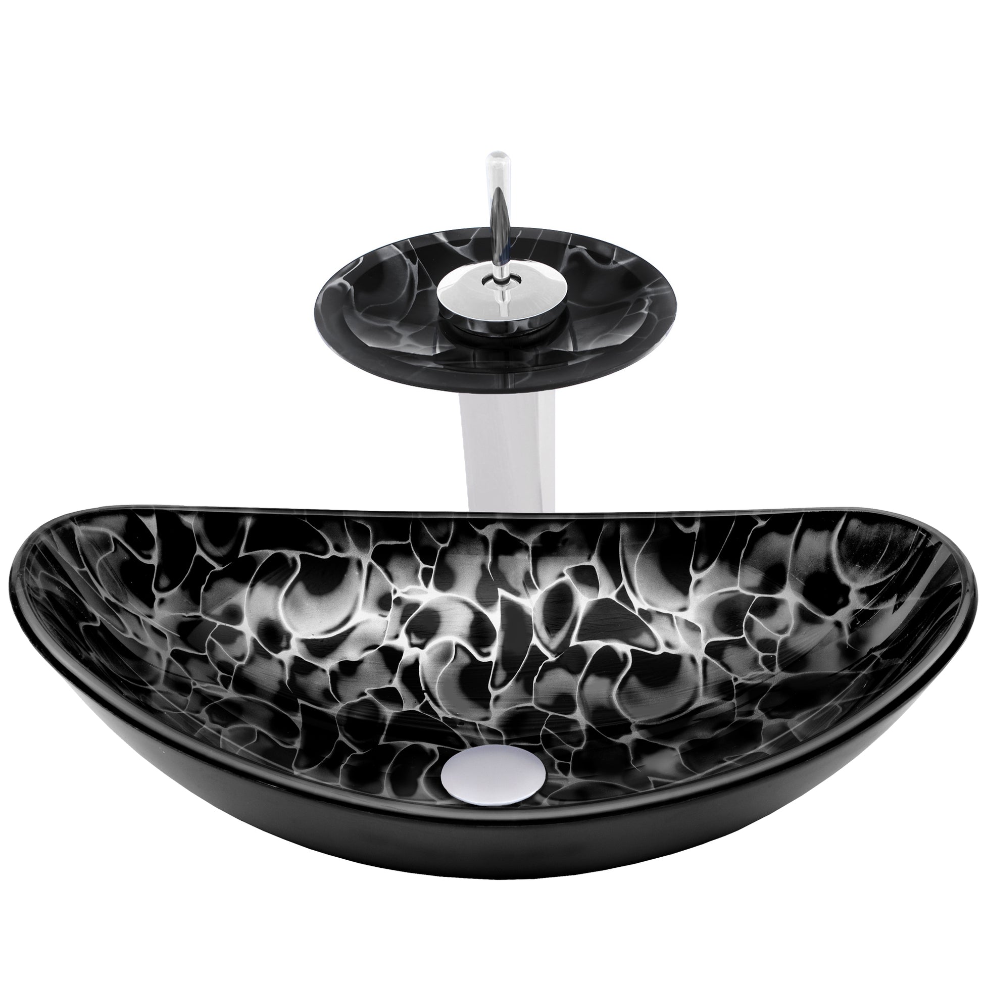 Black and Silver Oval Glass Vessel Sink Set