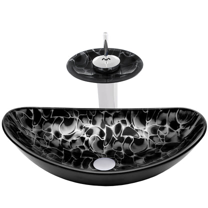 Black and Silver Oval Glass Vessel Sink Set