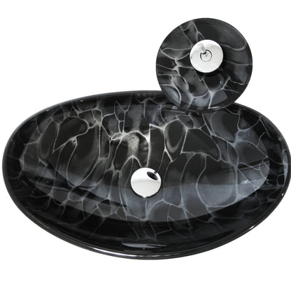 Black and Silver Oval Glass Vessel Sink Set