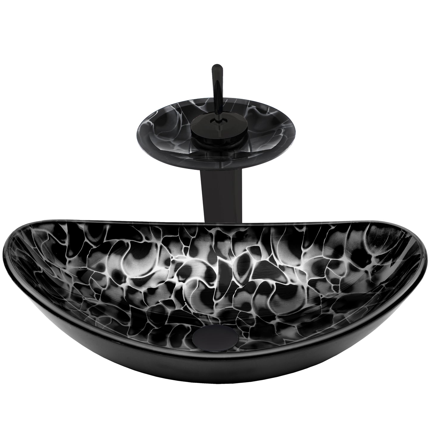Black and Silver Oval Glass Vessel Sink Set