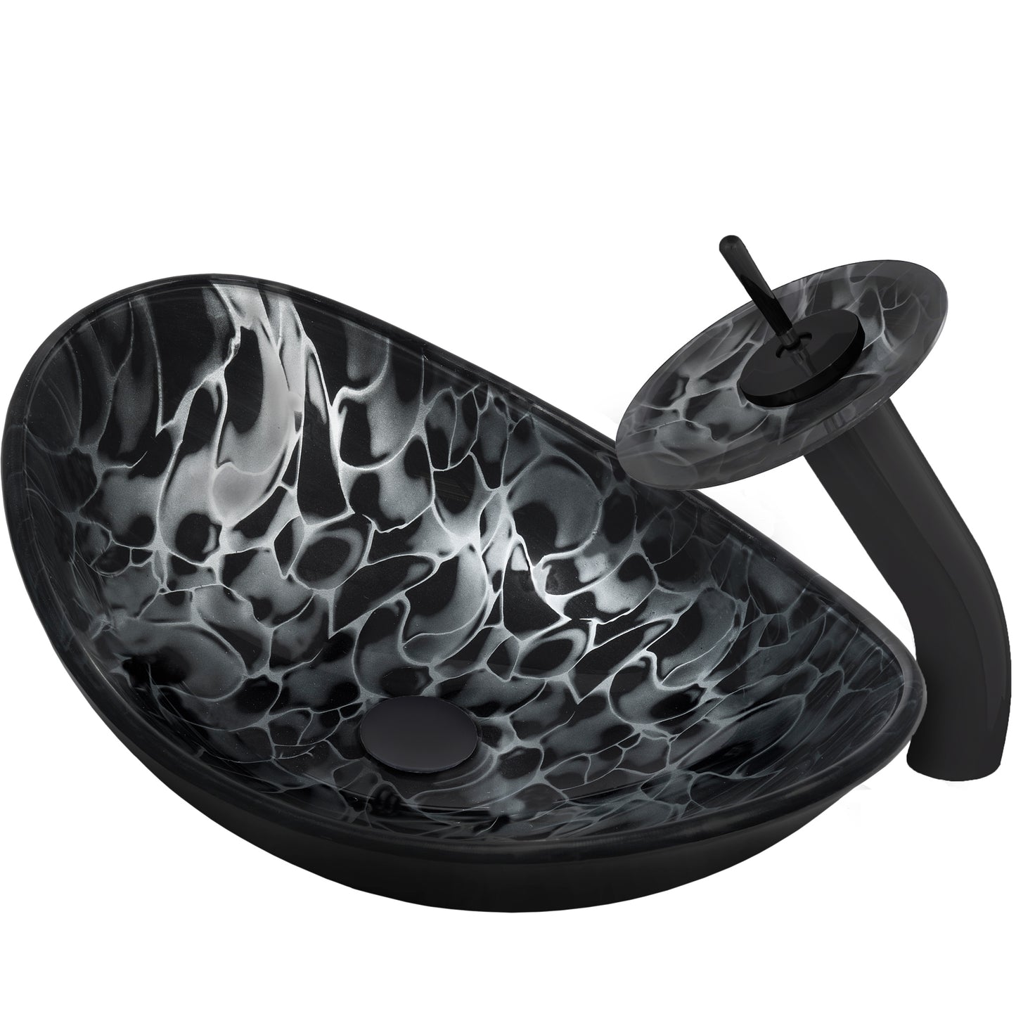 Black and Silver Oval Glass Vessel Sink Set