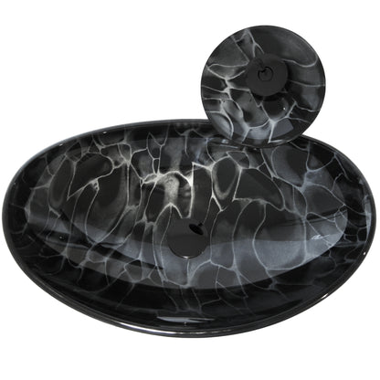 Black and Silver Oval Glass Vessel Sink Set