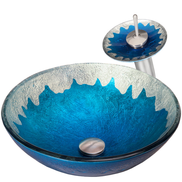 Round blue and silver hand-painted glass bathroom sink from Novatto's modern combo series, displayed from a three-quarter view.