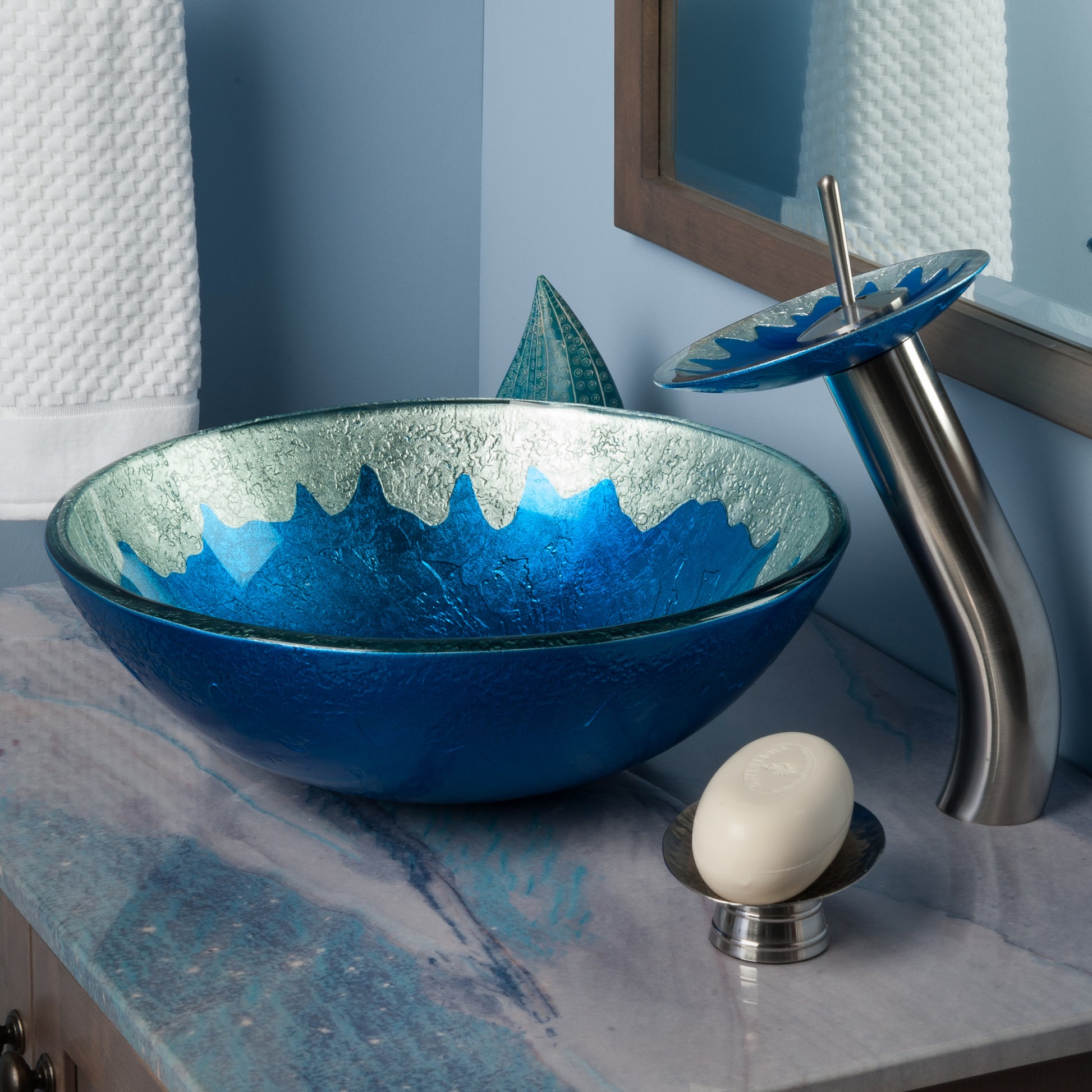 blue silver glass vessel sink set lifestyle