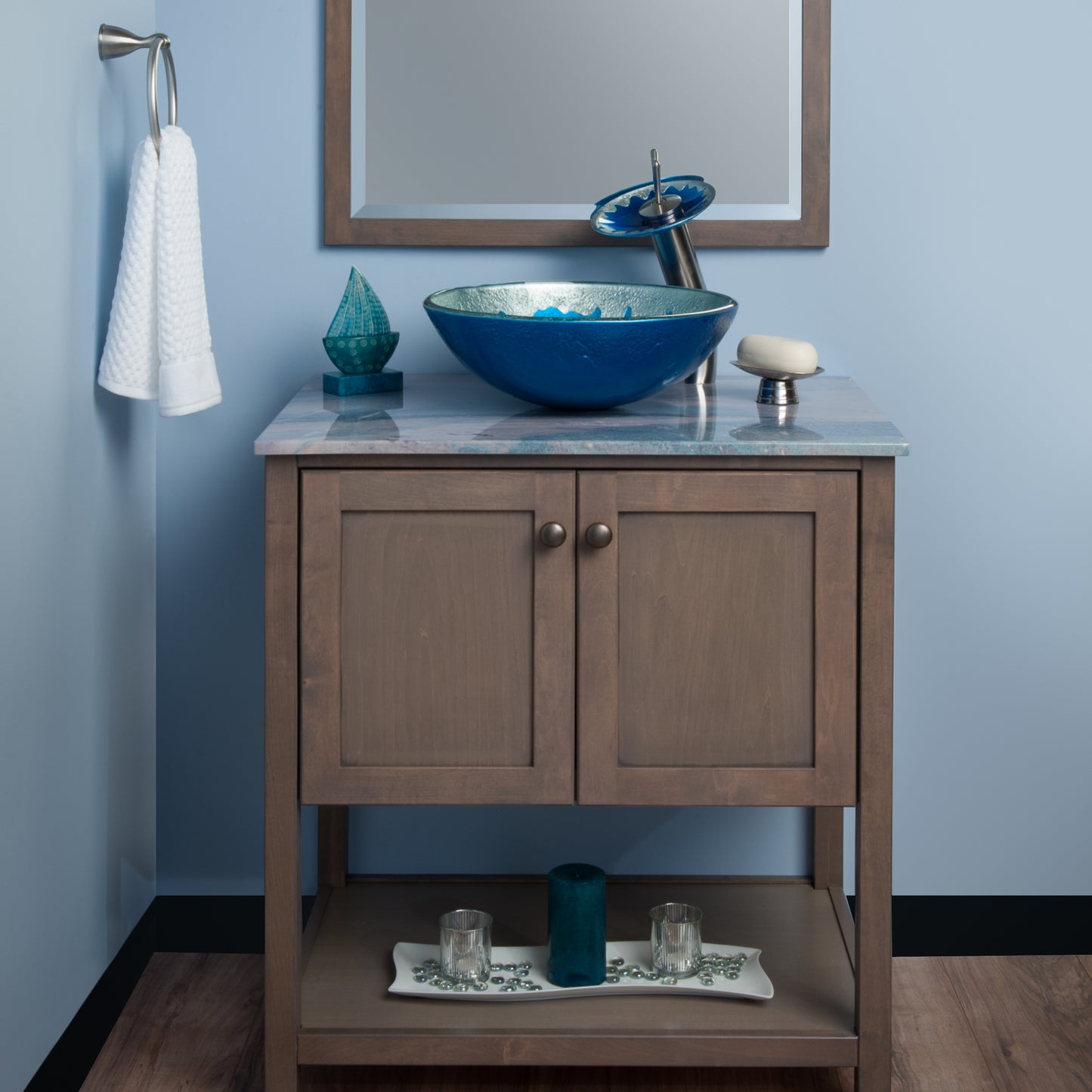 blue silver glass vessel sink set lifestyle