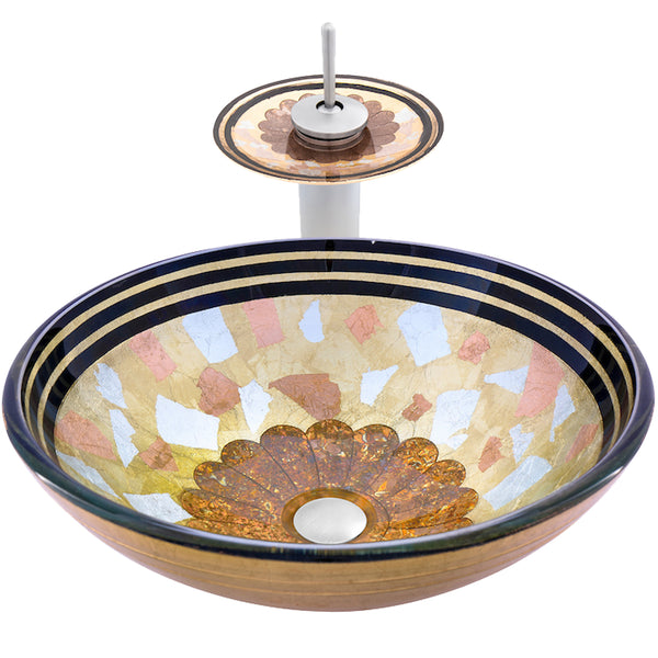 Round hand-painted yellow glass bathroom sink by Novatto, traditional style with a glossy finish, front view.