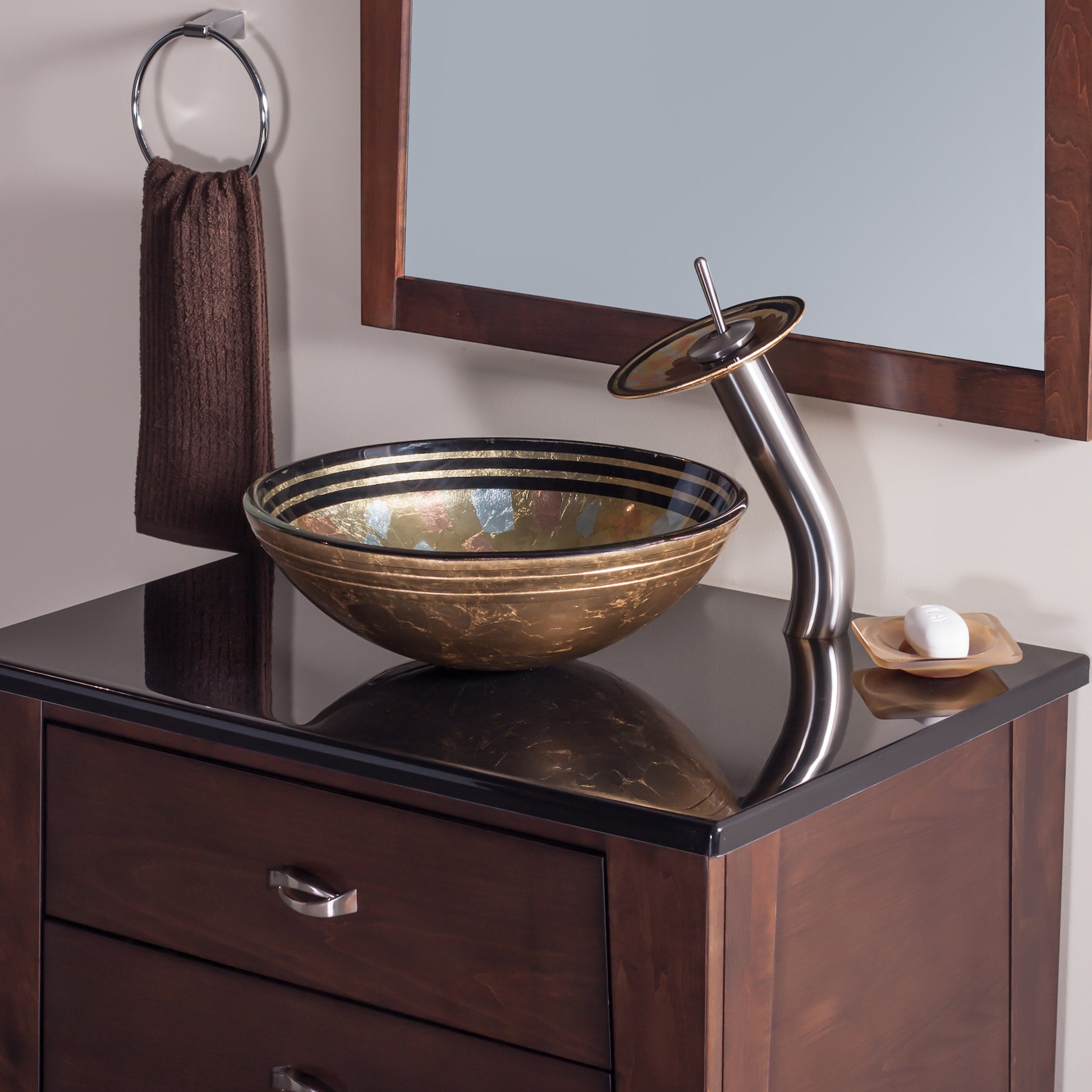 Hand painted multicolored glass vessel bathroom sink by Novatto, traditional style with vibrant, artistic glass design.