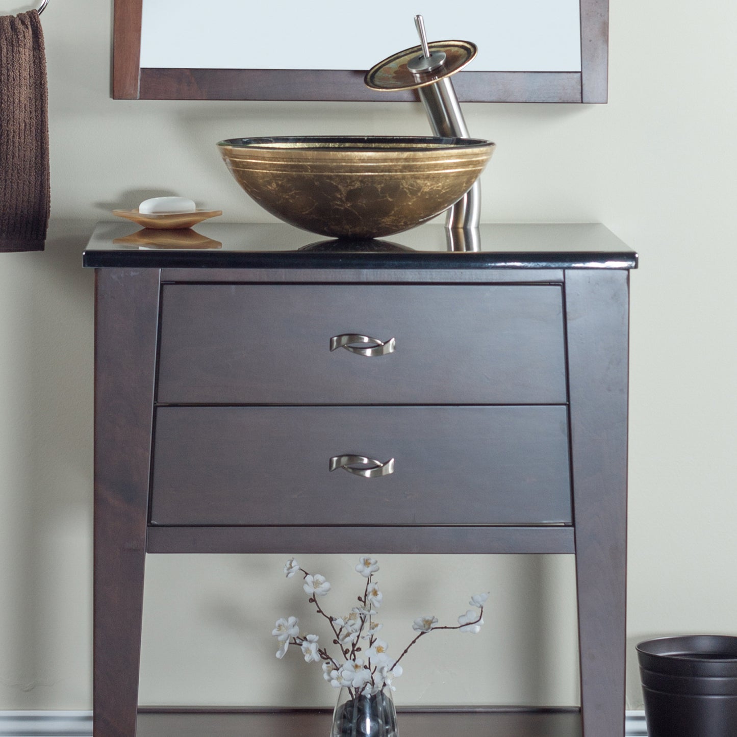 Yellow Glass Vessel Sink Set with matching faucet and pop-up drain - lifestyle