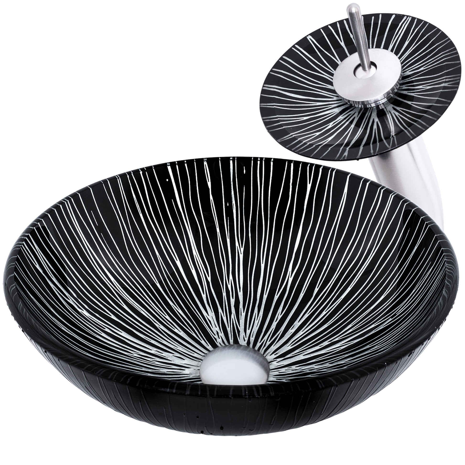 Modern round black and silver glass bathroom sink by Novatto, hand-painted with a sleek, stylish design and front view.