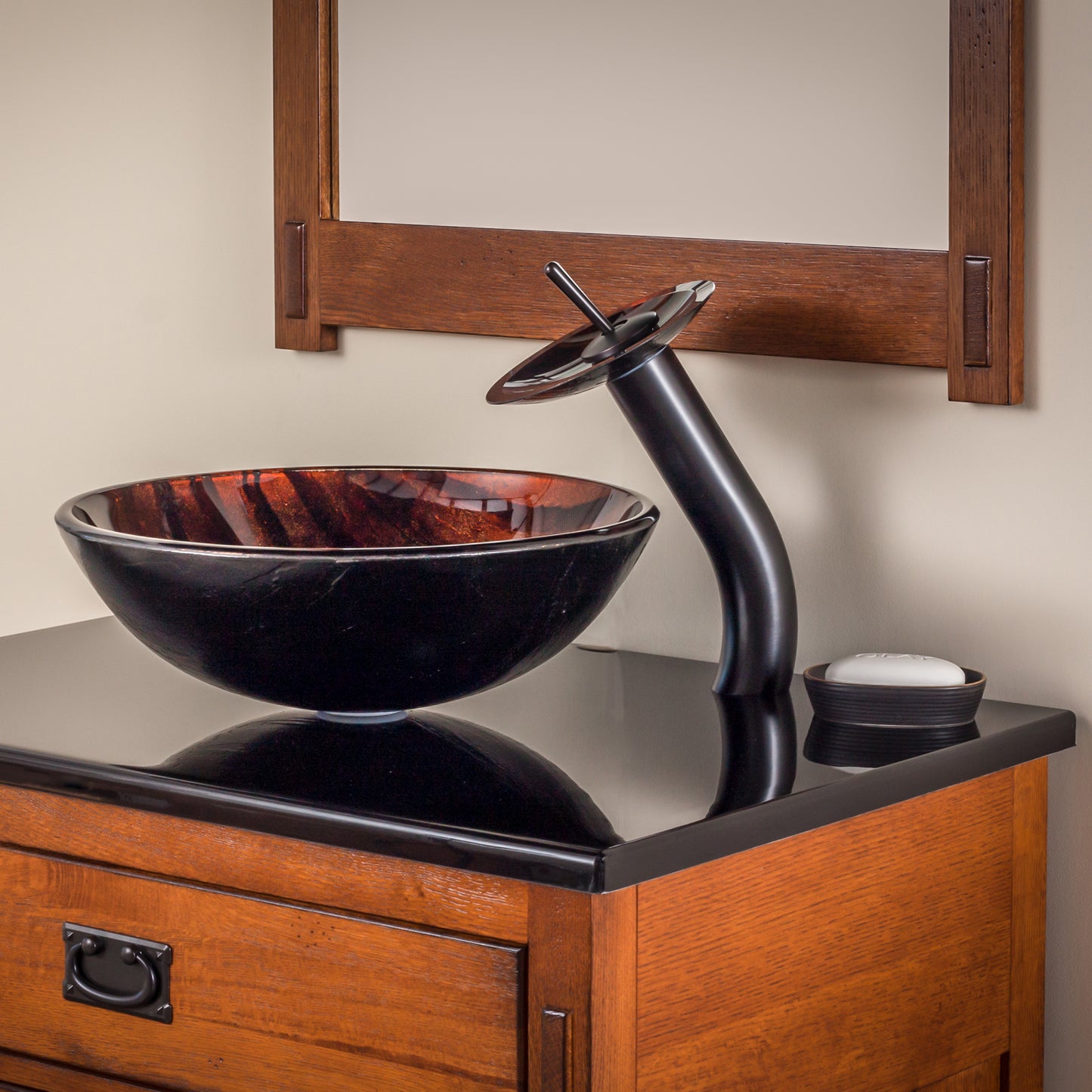 Hand painted brown camouflage glass vessel sink by Novatto, modern bathroom sink with unique artistic design.