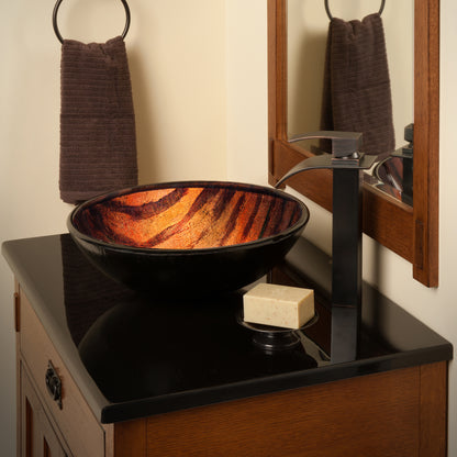 Hand-painted brown camouflage glass vessel sink by Novatto, modern bathroom sink with artistic design on clear glass.