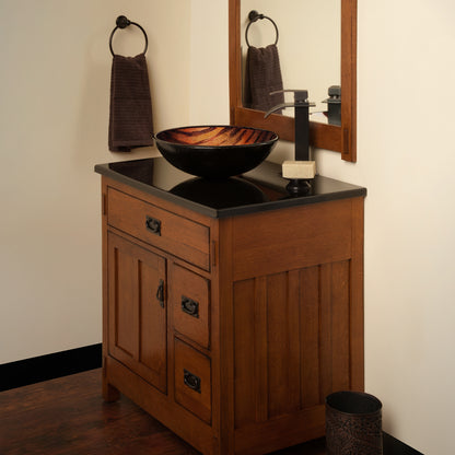 Hand painted brown camouflage glass vessel sink by Novatto, modern bathroom fixture with unique camouflage design.