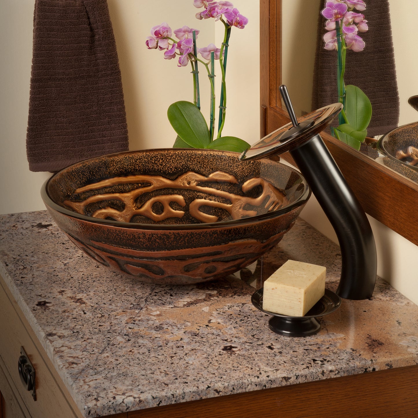 Hand Painted Brown Tan Textured  Glass Vessel Sink  with faucet and  pop up drain