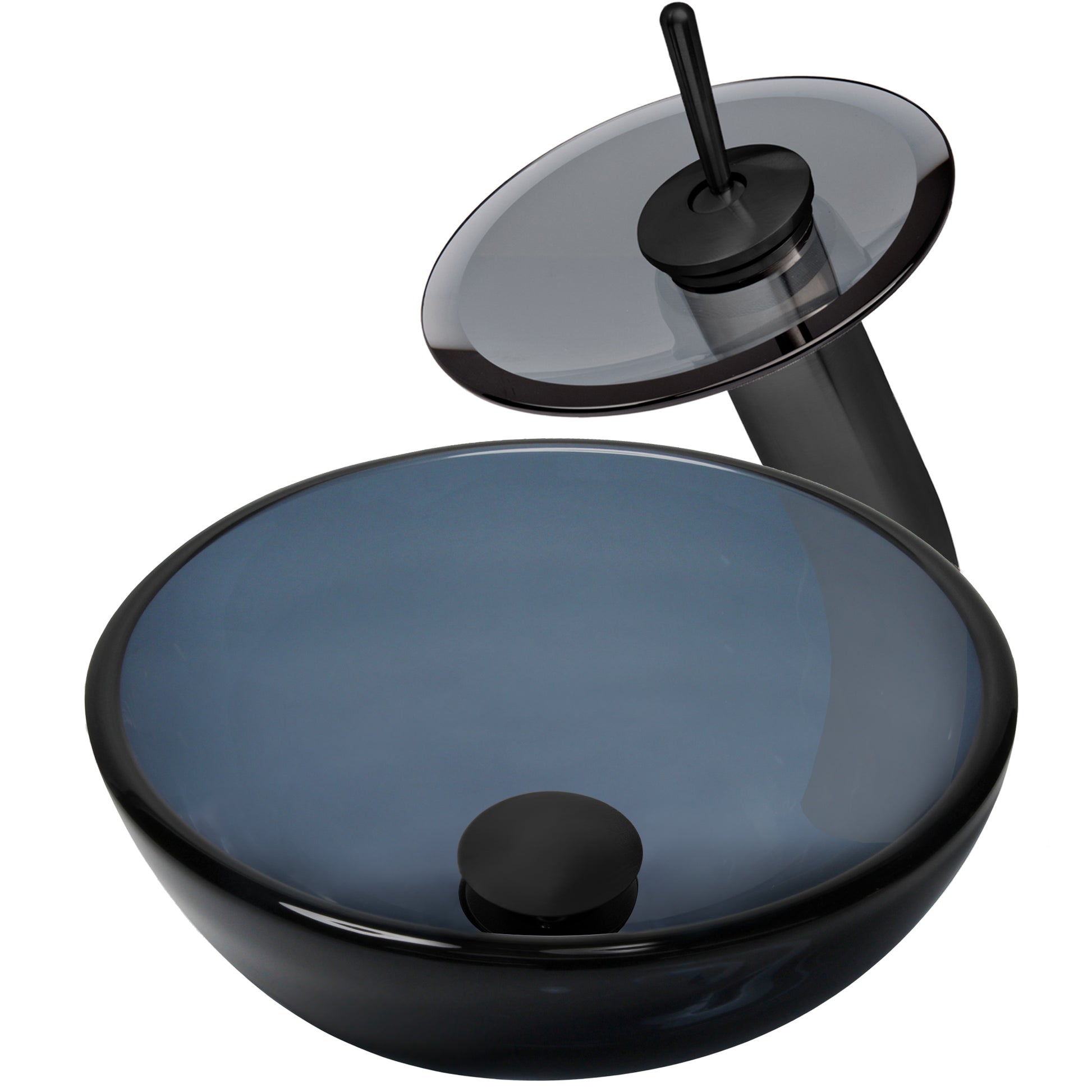 Modern bathroom combo set with clear slate grey glass vessel sink and matching faucet in three-quarter view, by Novatto.