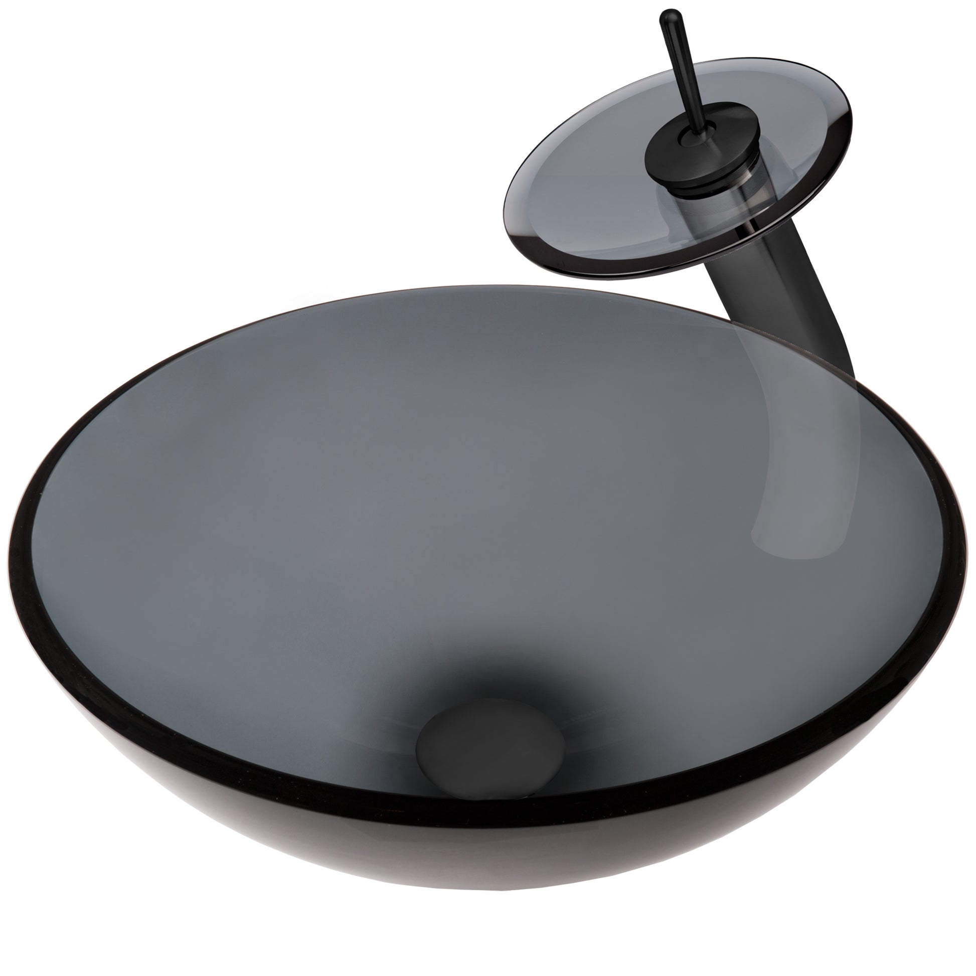 Modern round clear slate grey glass vessel bathroom sink by Novatto, side view showing sleek design and smooth surface.