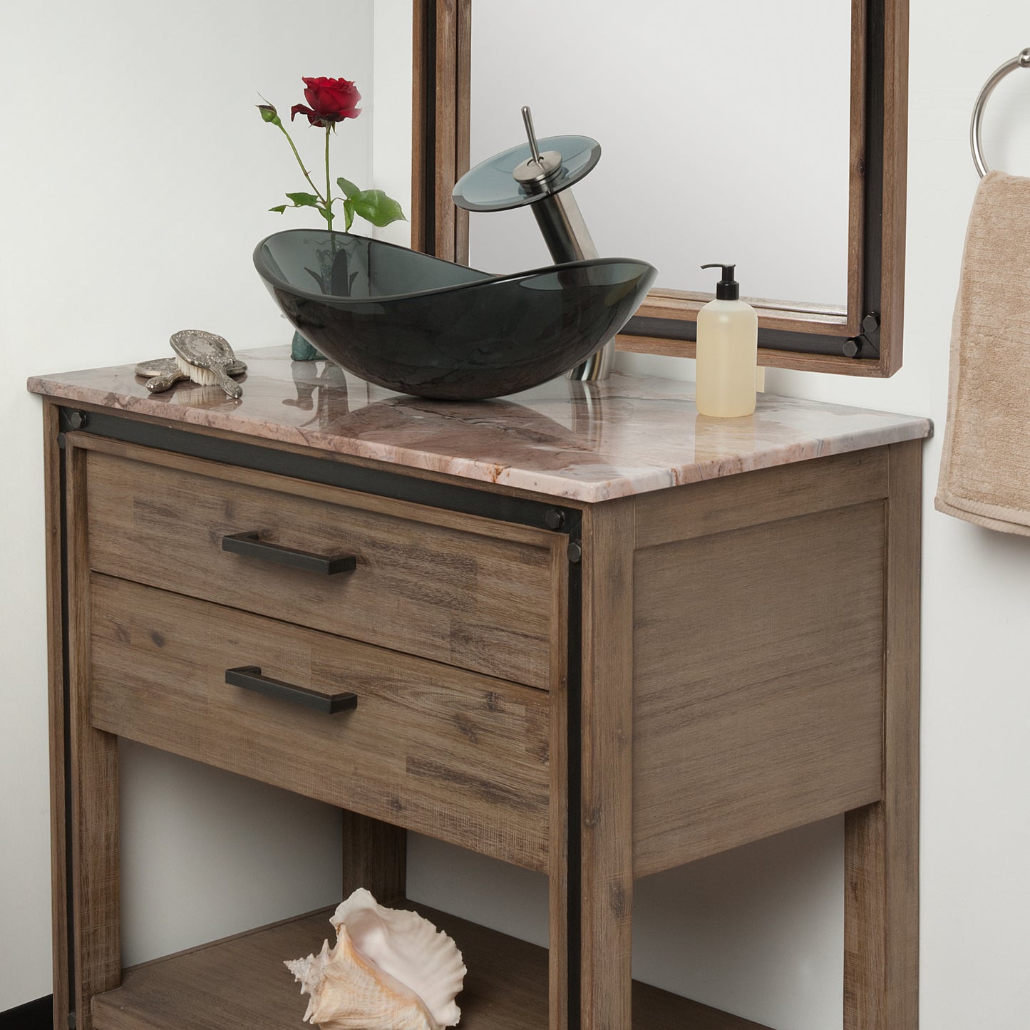 Oval Clear Slate Grey Glass Vessel Bath Sink Combo lifestyle