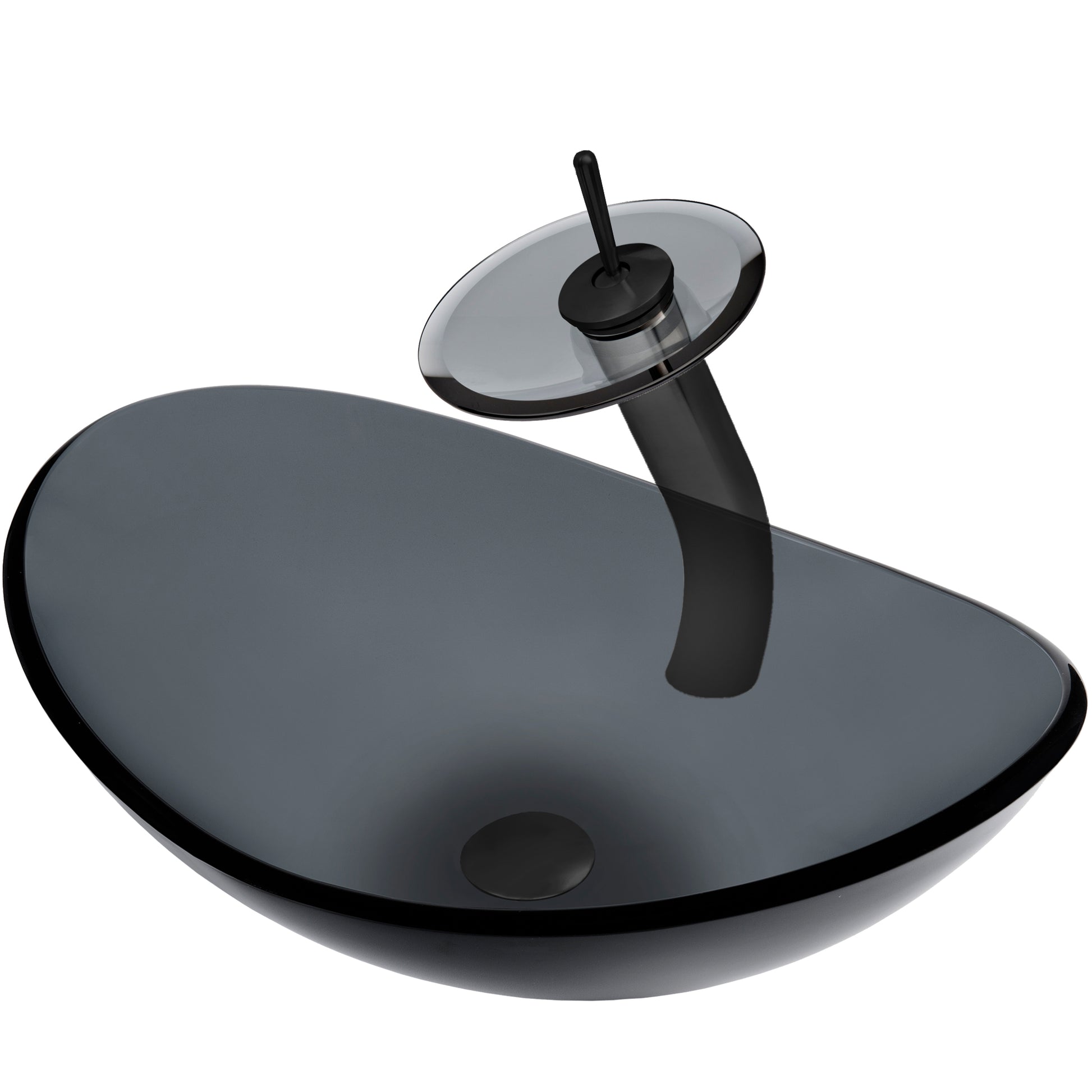 Modern bathroom combo featuring a clear slate grey glass vessel sink by Novatto, with a sleek, three-quarter view.