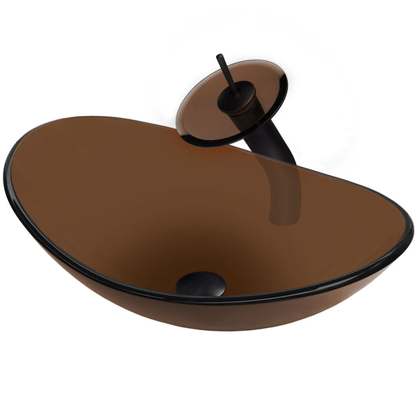 Modern bathroom combo with clear glass vessel sink and brown glass faucet by Novatto, featuring a sleek vessel sink and contemporary fixtures.