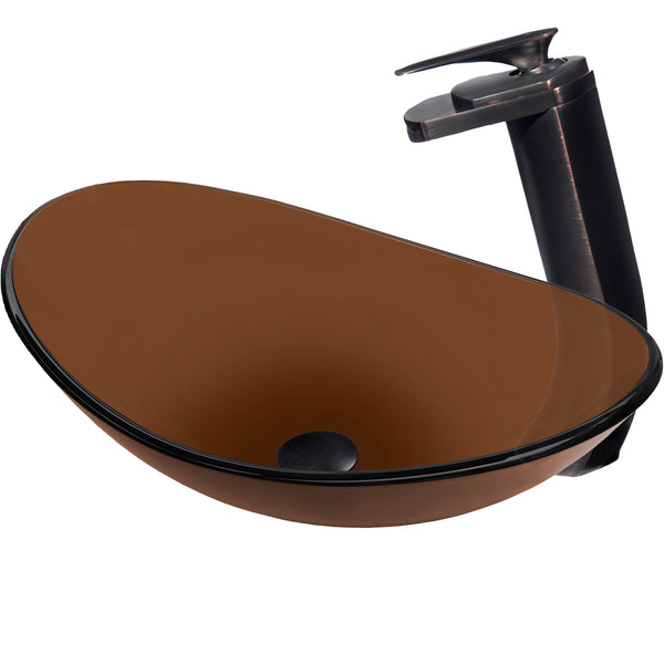 Modern brown glass vessel bathroom sink by Novatto, clear glass with bronze accents, shown in a three-quarter view.