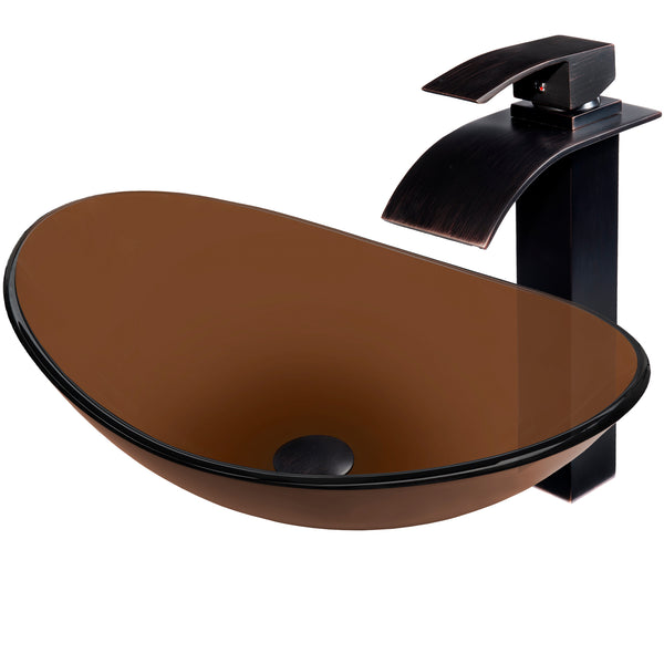 Modern bathroom combo featuring a clear glass vessel sink with a brown tint and bronze finish faucet by Novatto.