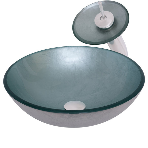 Modern round silver foiled glass vessel bathroom sink from Novatto's combo series, front view showcasing sleek design.