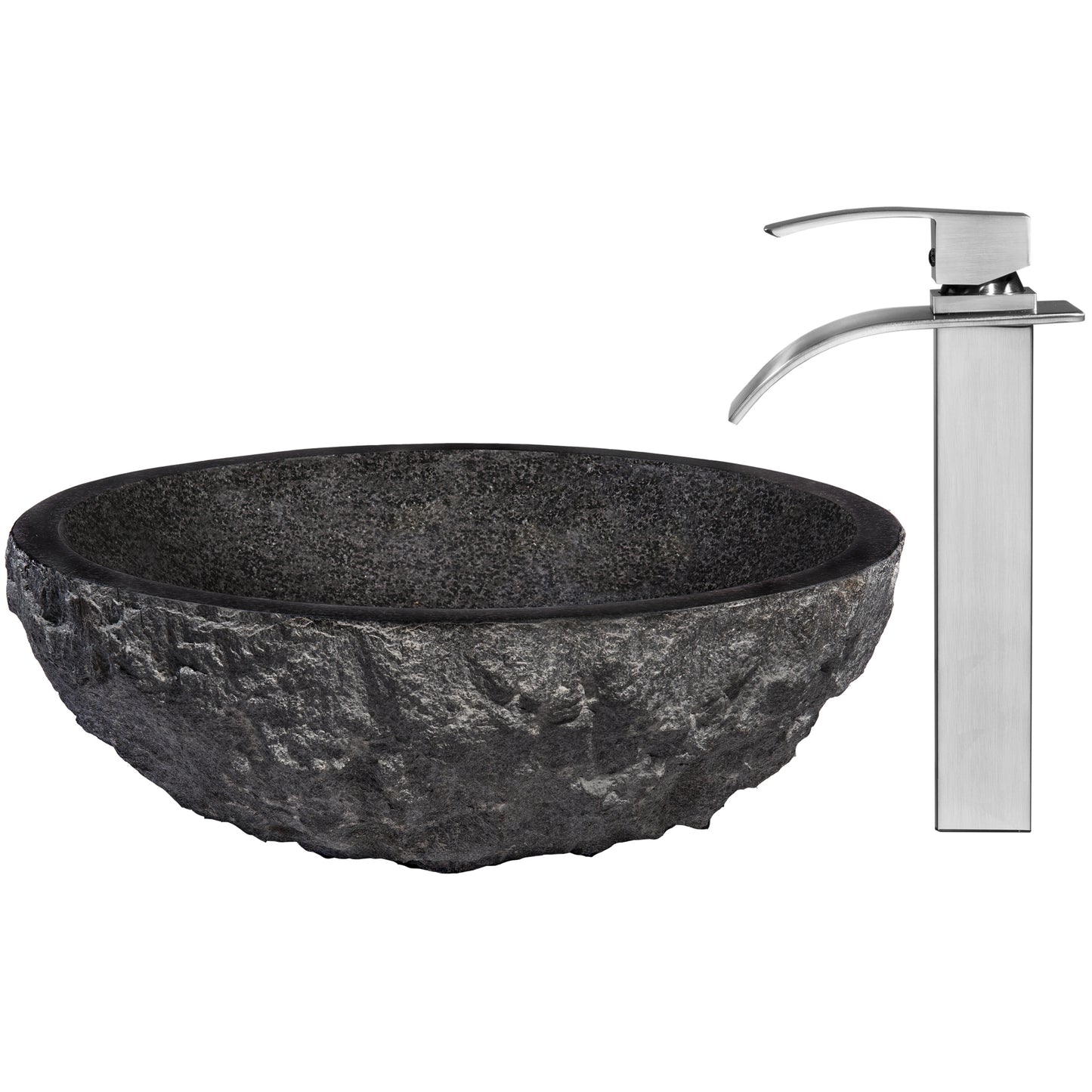 Round Black Granite Stone Bathroom Sink with matching faucet and umbrella drain