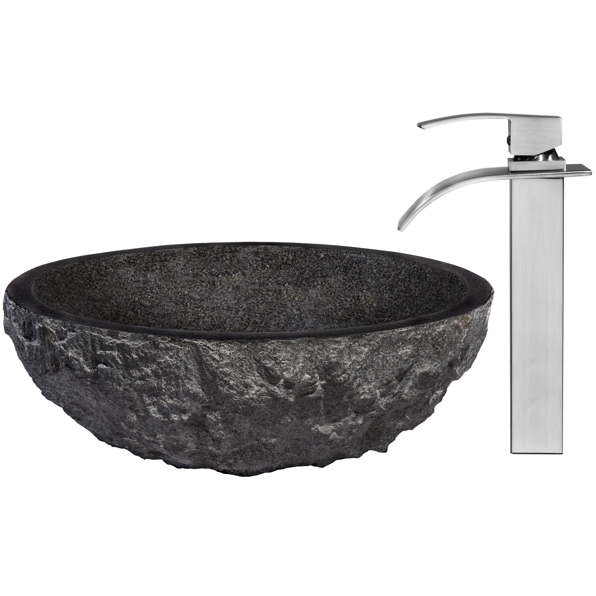 Round Black Granite Stone Bathroom Sink with matching faucet and umbrella drain